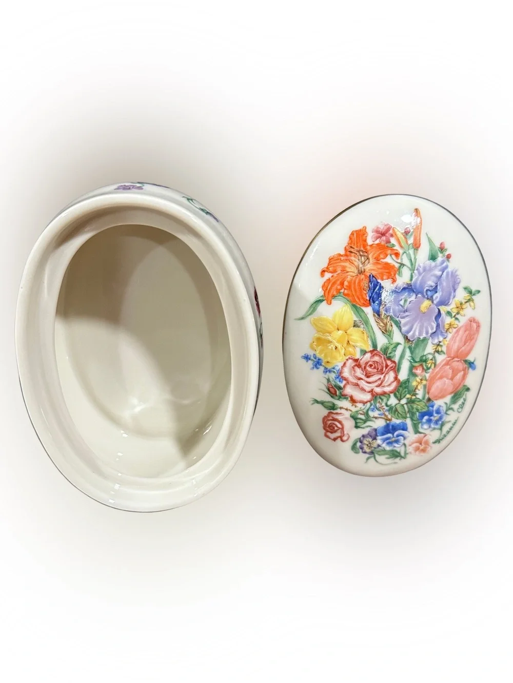 Floral Porcelain Trinket Box - White with Multicolor Flowers